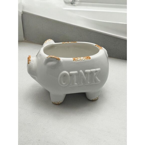 Vintage Ceramic Pig Planter With OINK Text - White & Distressed Orange - Picture 7 of 12